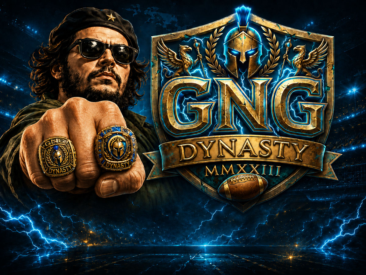 Revolutionary-style GNG Dynasty figure wearing sunglasses and championship rings beside a gold GNG Dynasty crest.