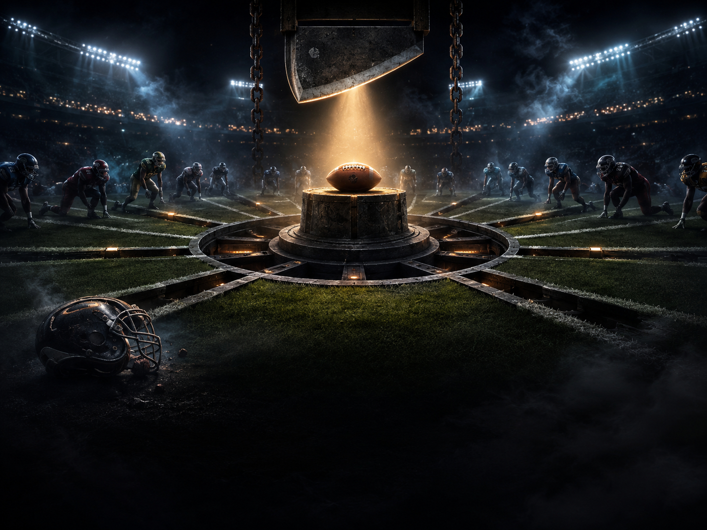 Dark fantasy football stadium scene with a giant chopping blade suspended above a football as players wait for weekly elimination.