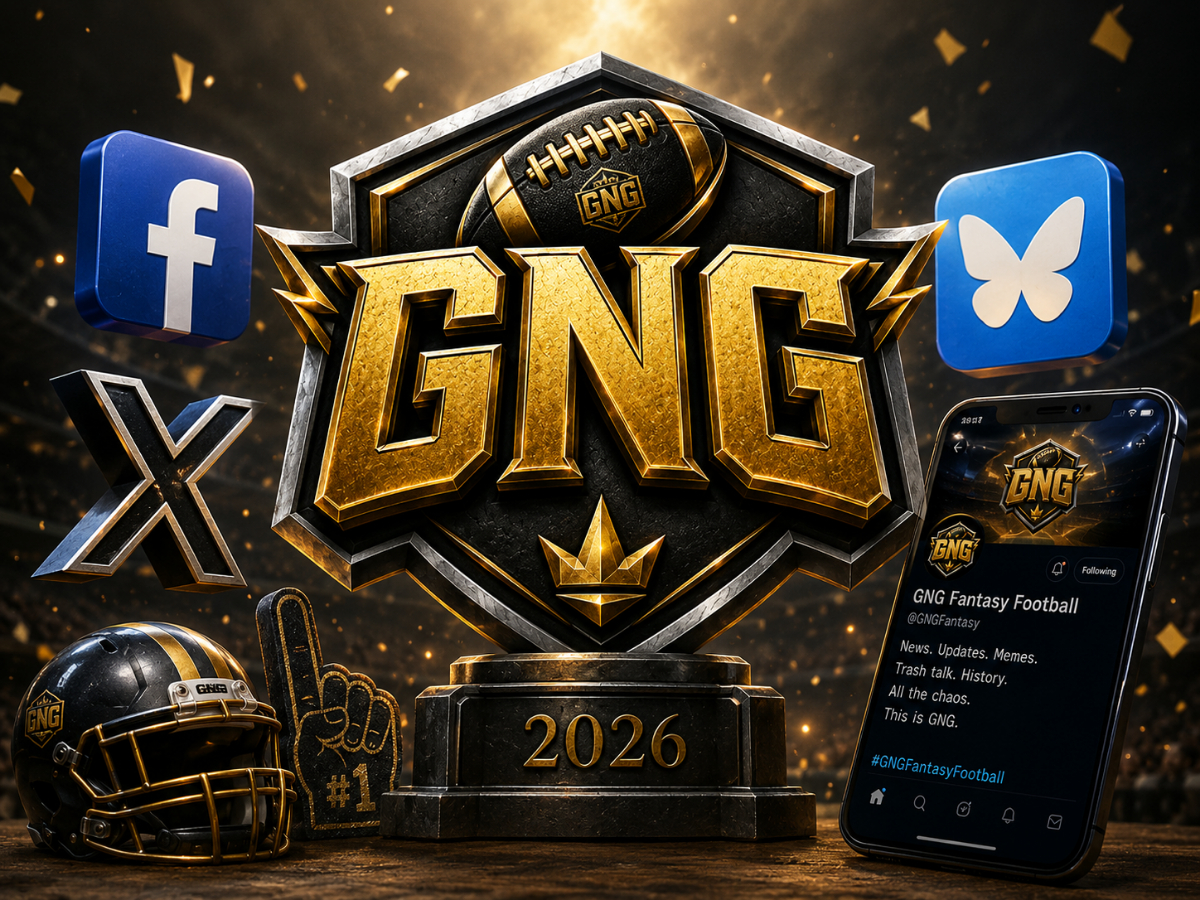 GNG Fantasy Football social media graphic featuring the GNG logo, Facebook, X, and Bluesky icons, a football helmet, and a phone showing the GNG Fantasy Football profile.