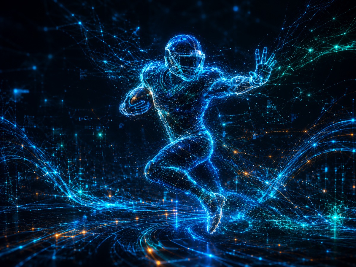 Digital fantasy football player made of glowing blue data lines running through a network of scoring and strategy signals.
