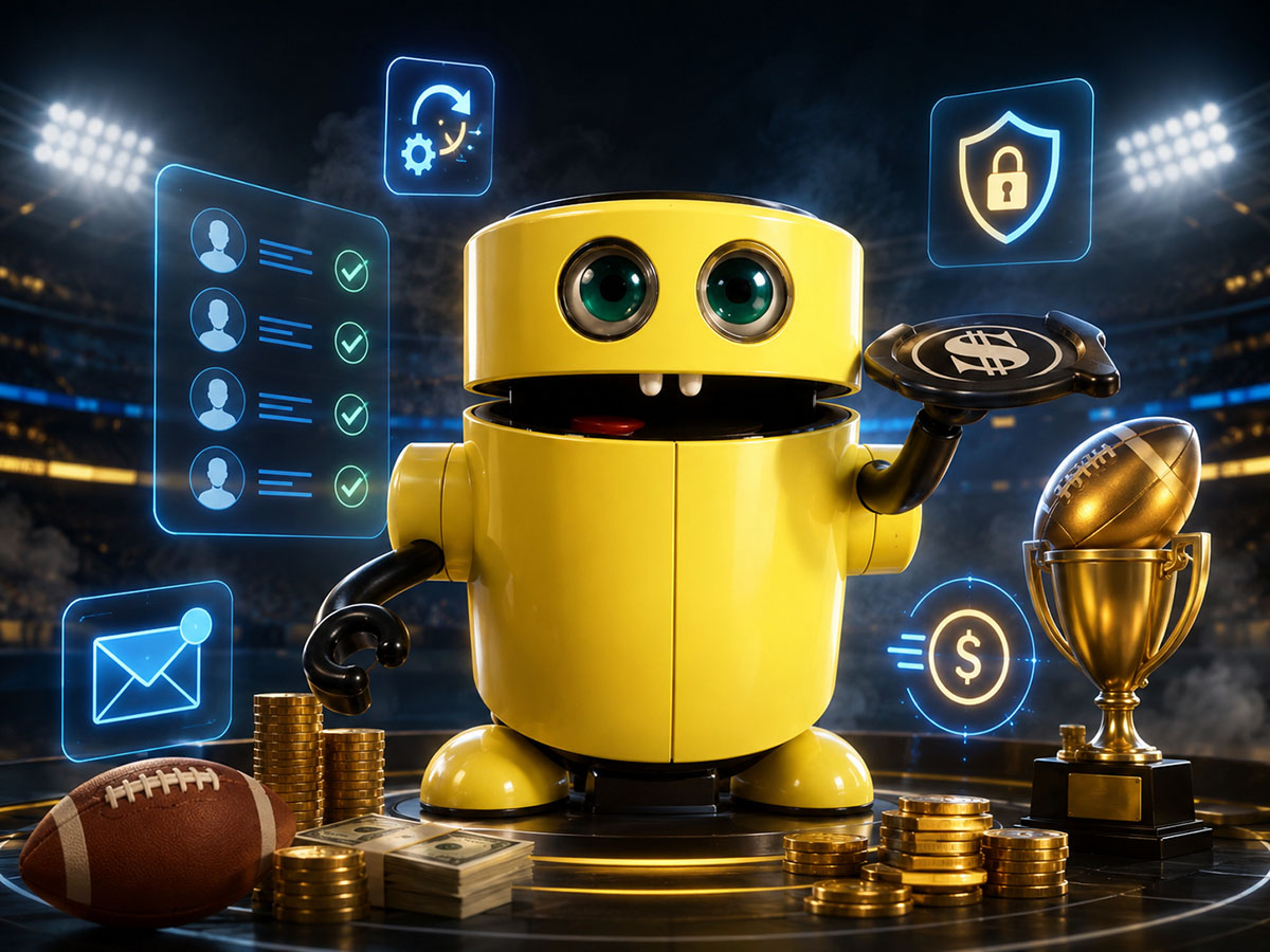 Yellow robot banker managing fantasy football league payments with money, trophy, football, and digital reminder icons in a stadium.
