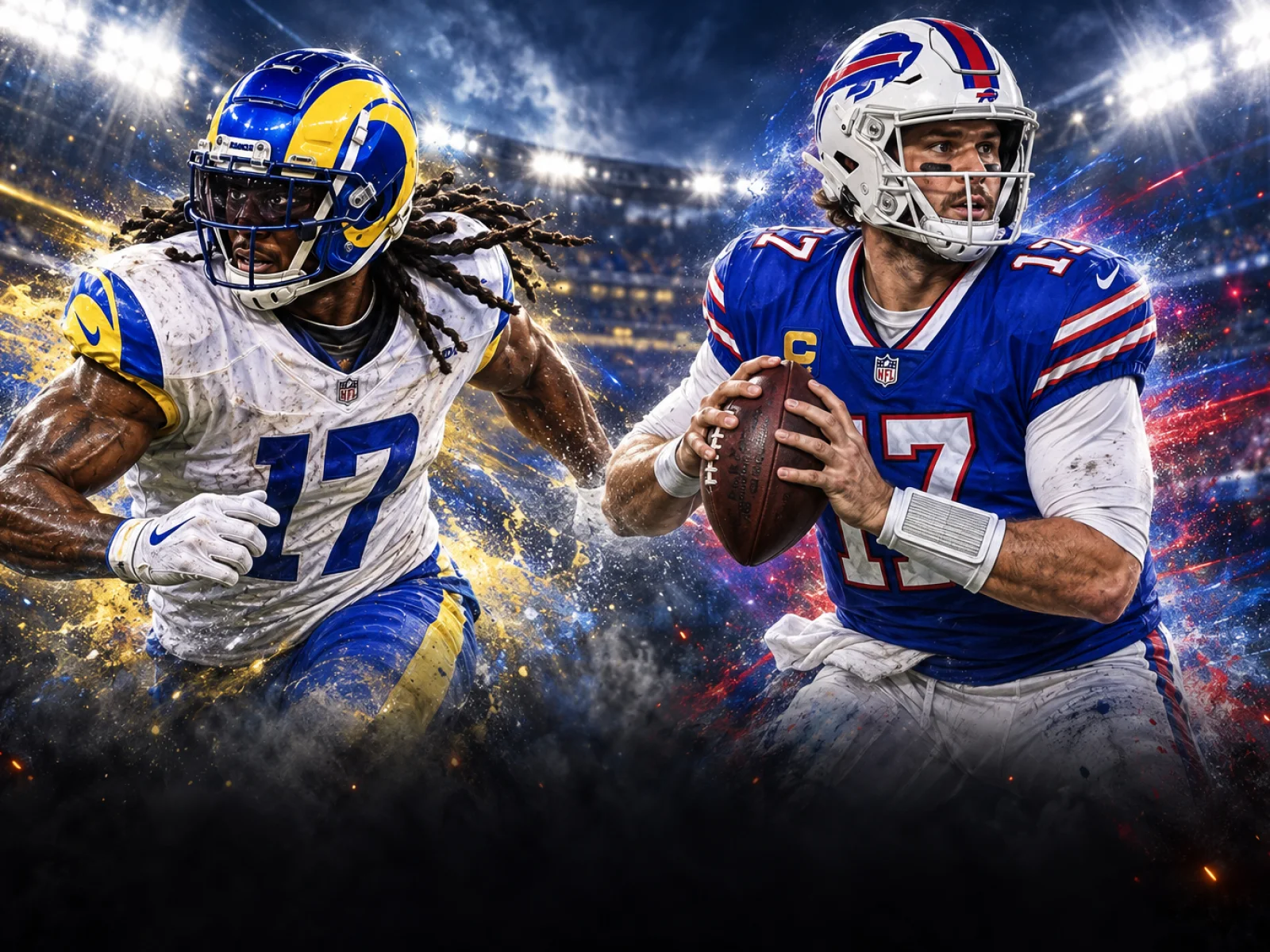 Illustration of Josh Allen and Davante Adams under bright stadium lights.