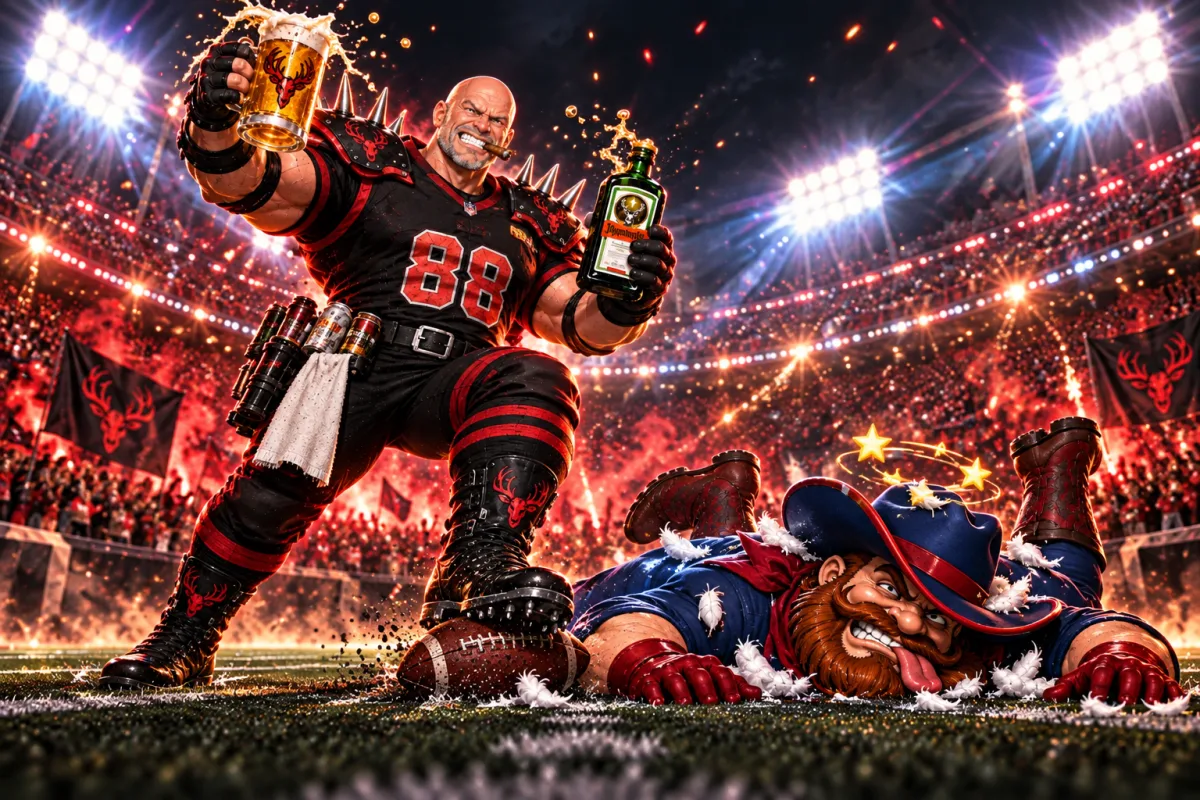 Mascot face-off art for George Kittle leads Alcoholniks in rout of Pillow Biters
