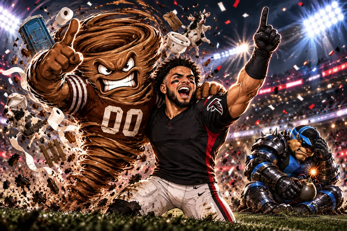 Mascot face-off art for Drake London powers Shartnado past Keep Pounding