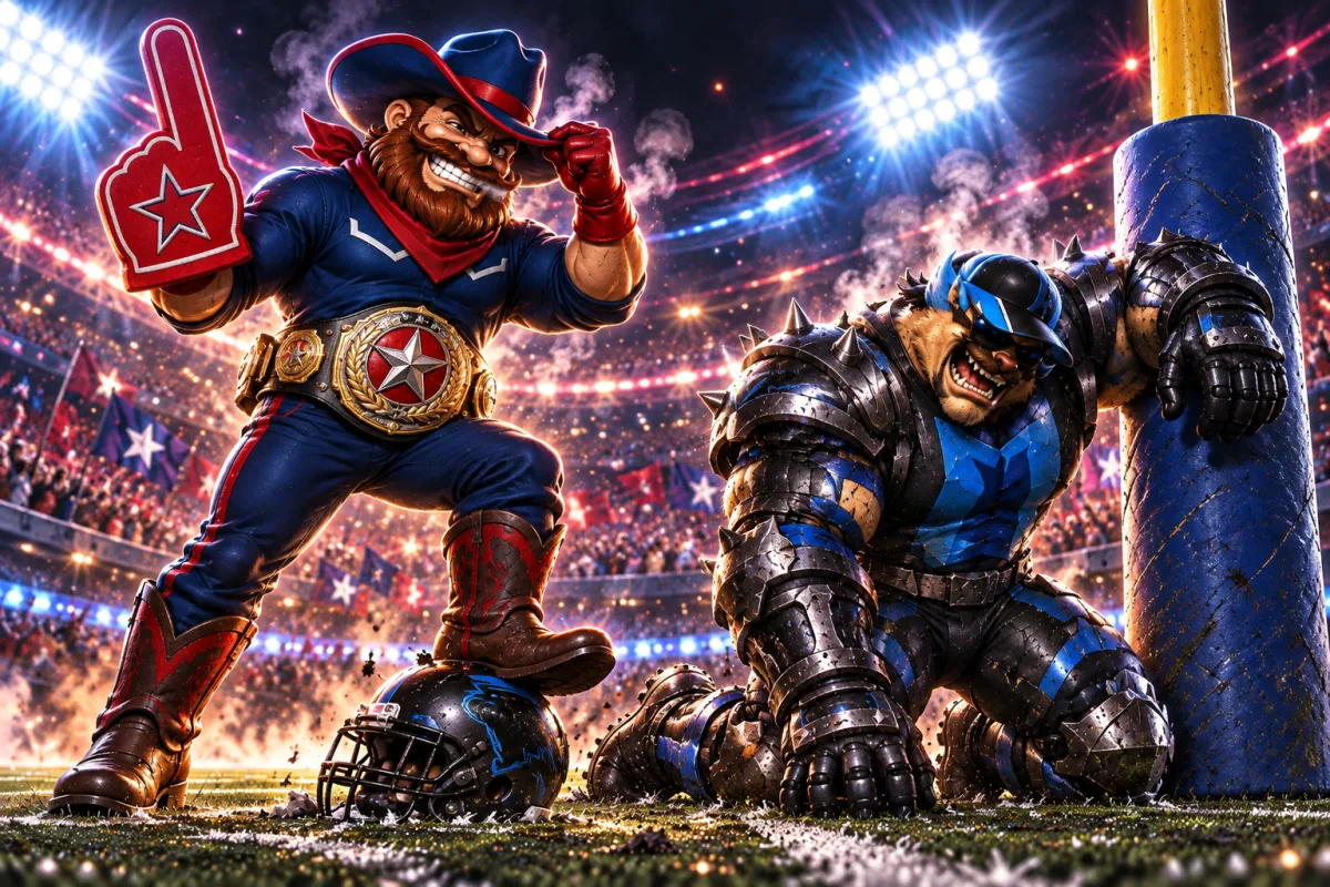 Mascot face-off art for Sam LaPorta Powers Pillow Biters Past Rivals
