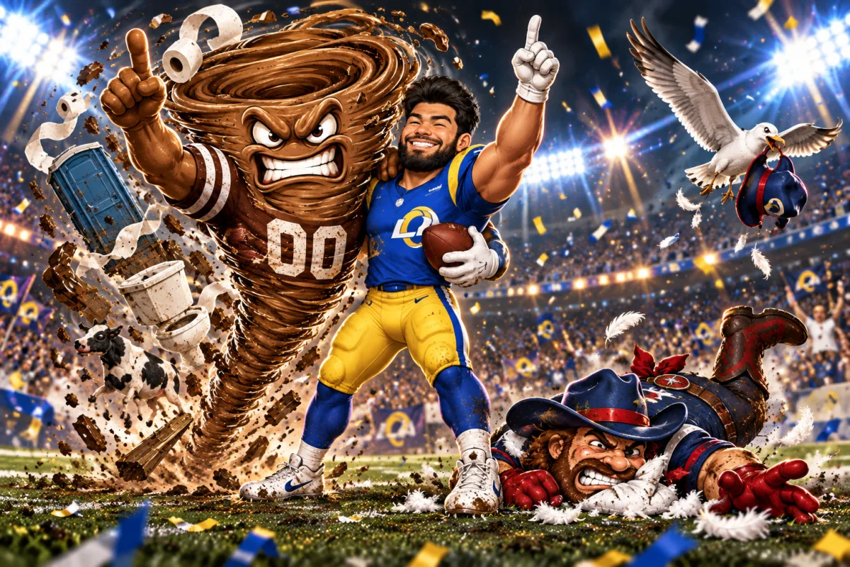 Mascot face-off art for Puka Nacua Demolishes Big Tex's Pillow Biters
