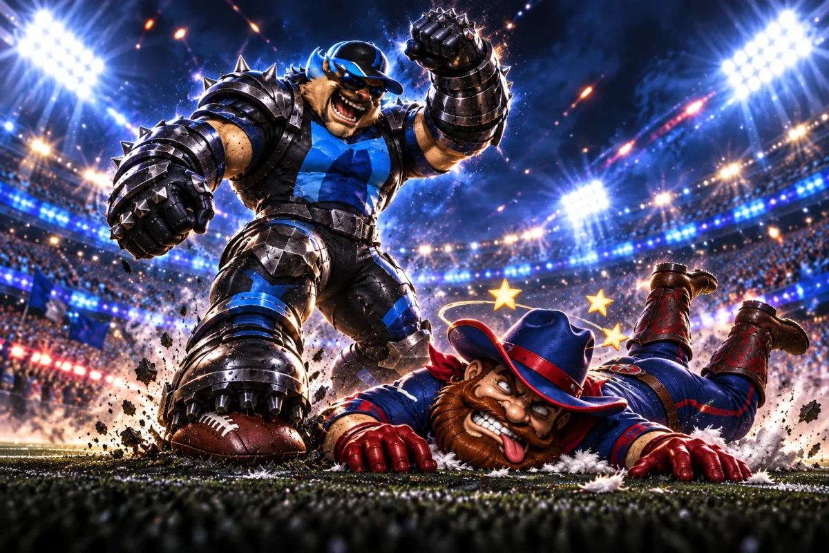 Mascot face-off art for Derrick Henry powers Keep Pounding past Big Tex's Pillow Biters