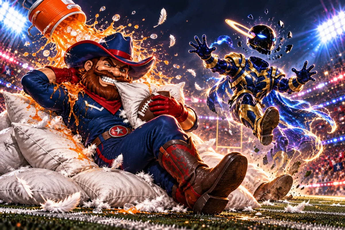 Mascot face-off art for Matthew Stafford pilots Big Tex's Pillow Biters to runaway rout over Spacelords