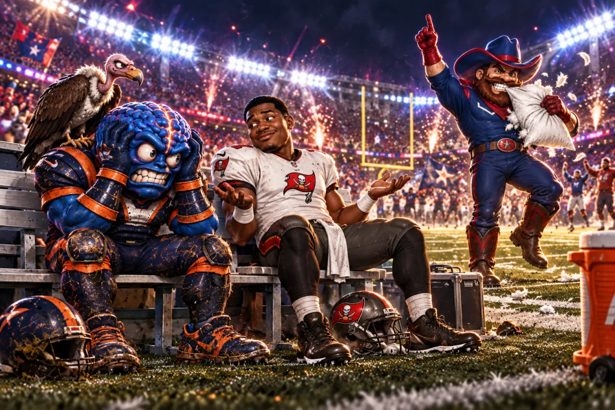 Mascot face-off art for Jonathan Taylor steadies Big Tex's Pillow Biters in an ugly slugfest