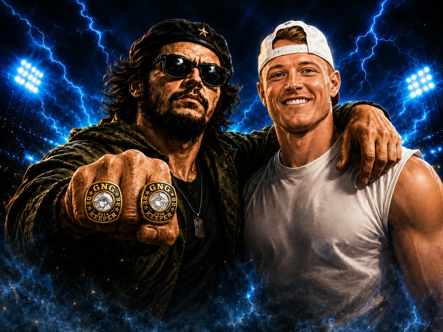 Pinko Commie Bastards mascot showing GNG Keeper championship rings beside Christian McCaffrey, the team’s 2026 GNG Keeper League keeper pick.