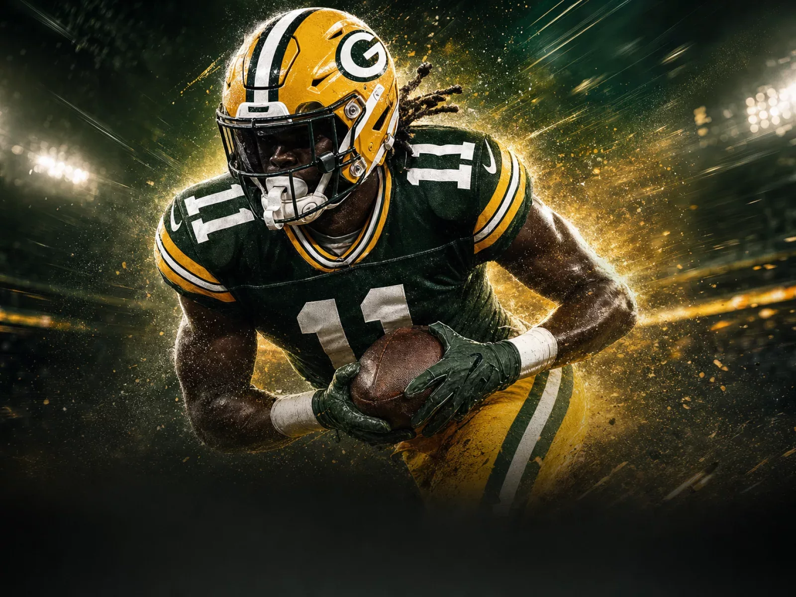 Dramatic sports illustration of Green Bay Packers wide receiver Jayden Reed breaking downfield.