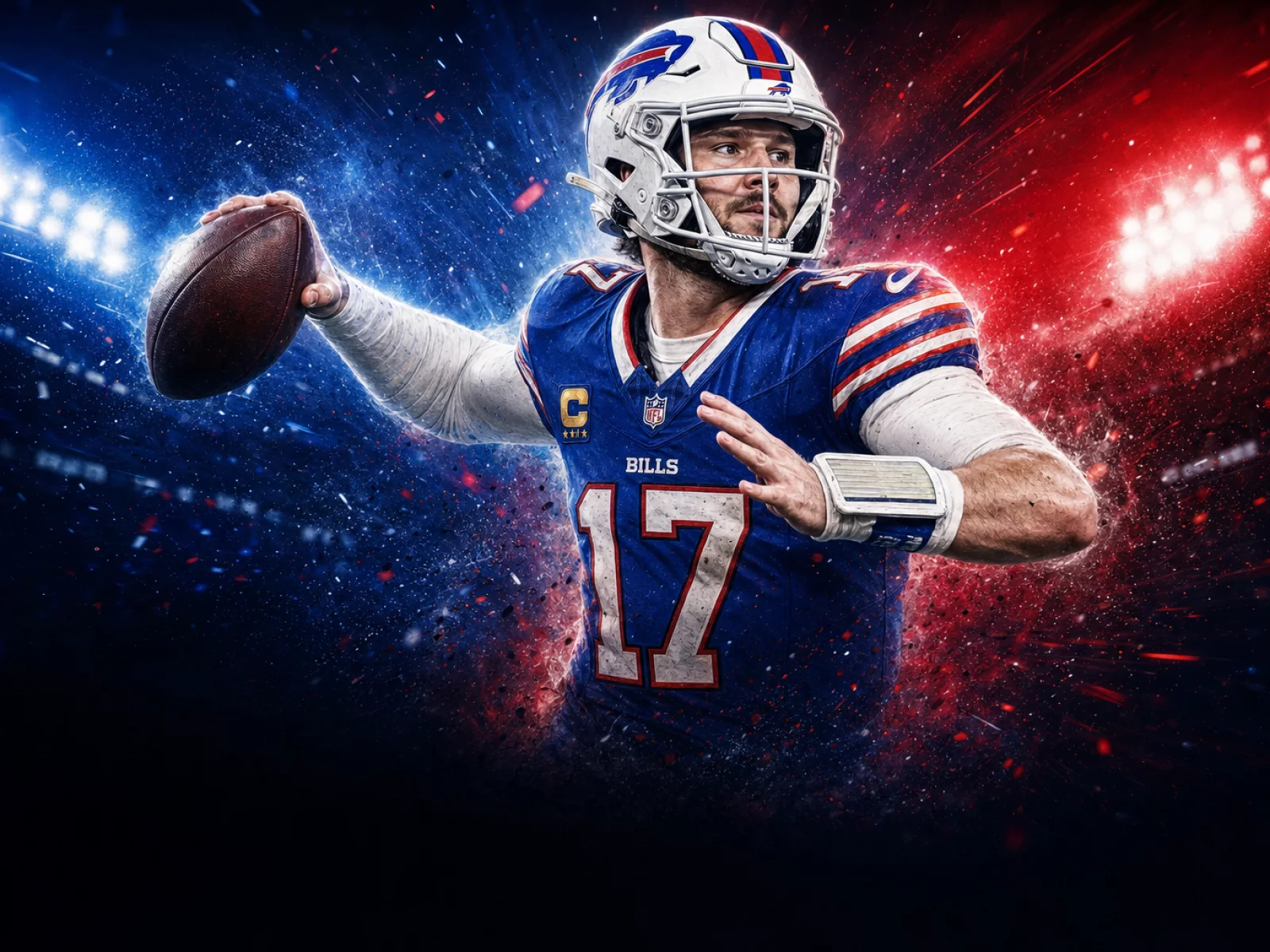 Digital illustration of Buffalo Bills quarterback Josh Allen preparing to throw a pass under stadium lights.