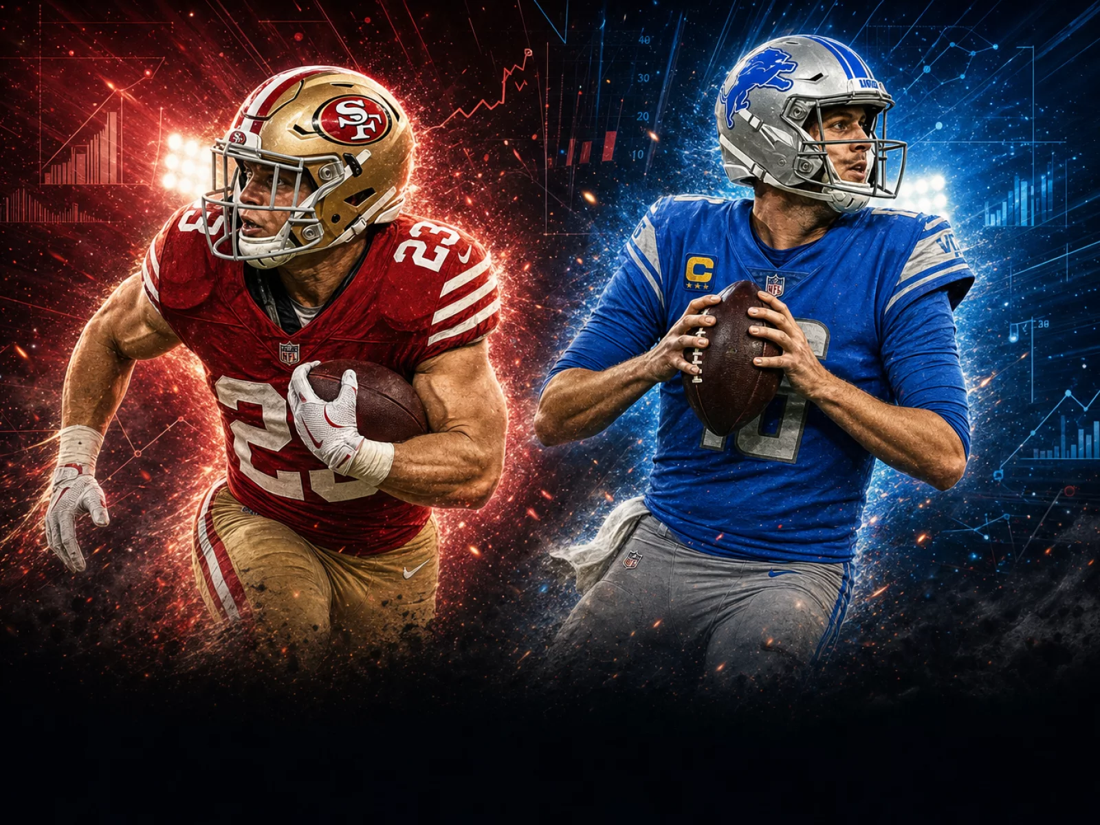 Digital sports illustration of Christian McCaffrey running with the football and Jared Goff preparing to pass, set against a dark analytical graphics background.