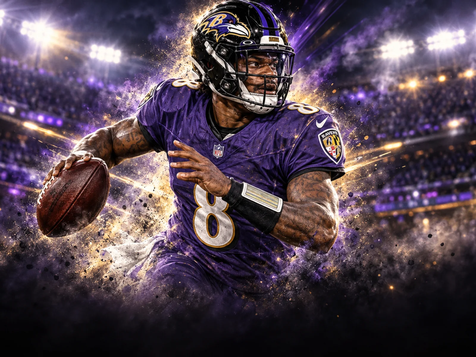 Baltimore Ravens quarterback Lamar Jackson poised in the pocket under stadium lights.