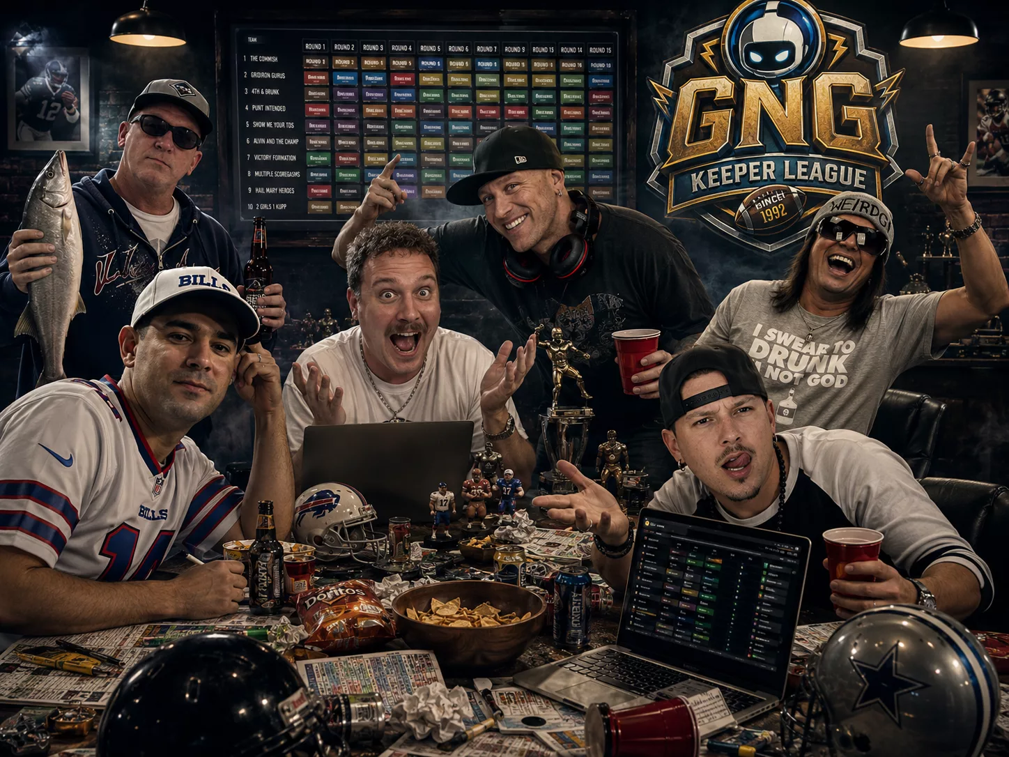 GNG Keeper League managers gathered around a chaotic fantasy football draft table with laptops, trophies, helmets, snacks, and a draft board in the background.