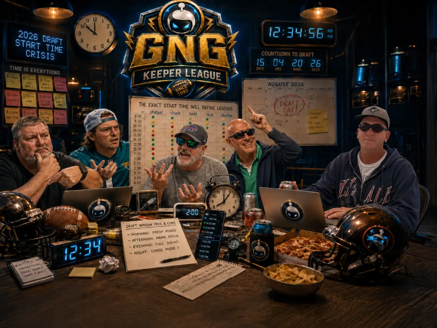 Billy H, Billy W, Zach, Chuck, and Chris debating the 2026 GNG Keeper League draft start time around a chaotic fantasy football table.