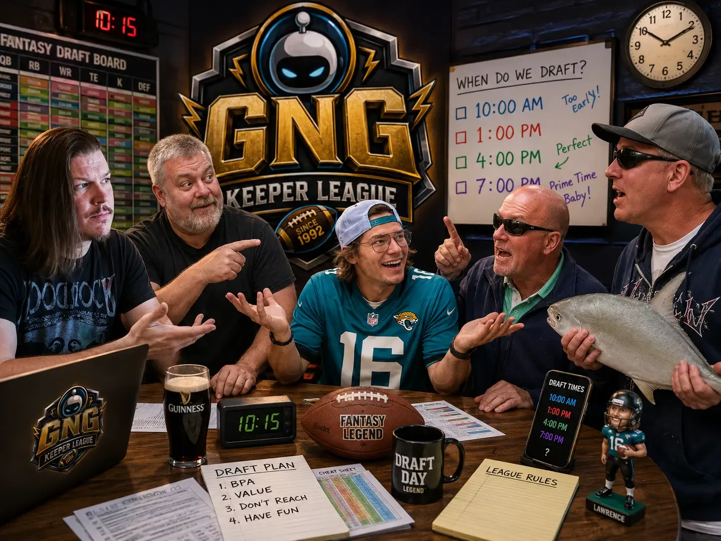 Billy W, Zach, Chuck, Pat, and Chris debating the 2026 GNG Keeper League draft start time around a chaotic fantasy football table.