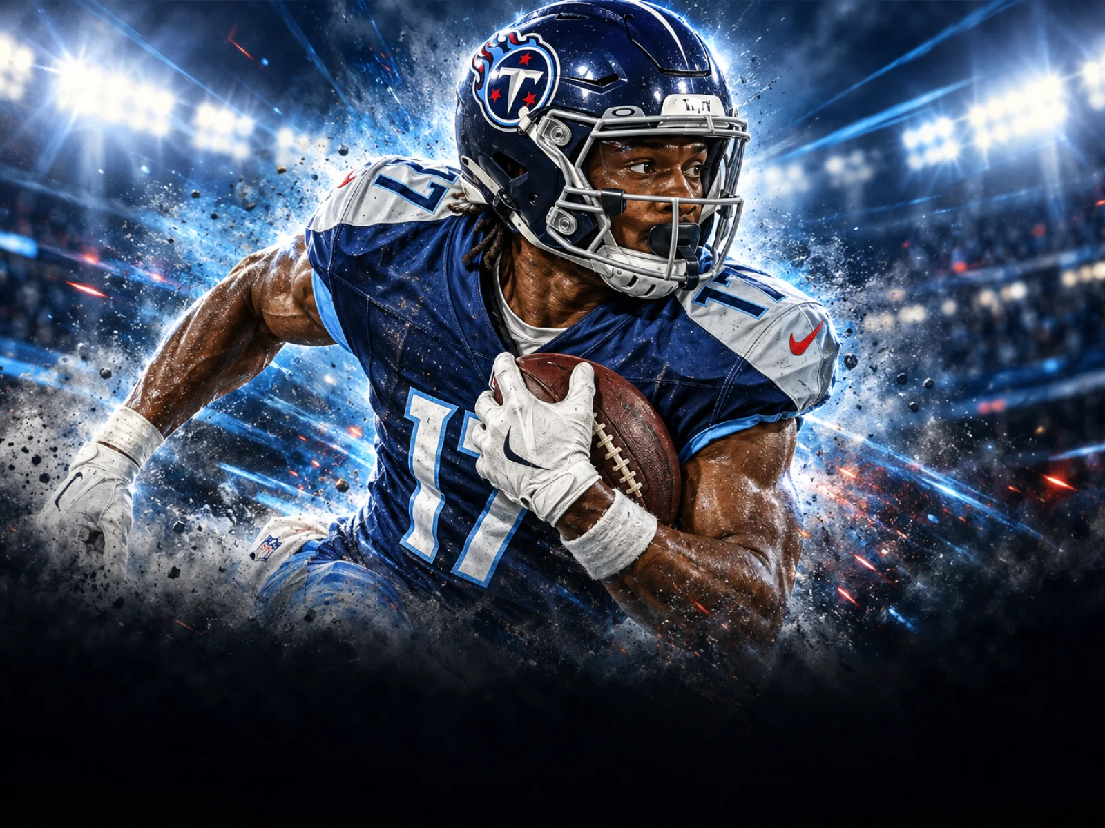 Tennessee Titans wide receiver Carnell Tate pictured under bright stadium lights ready for game action.