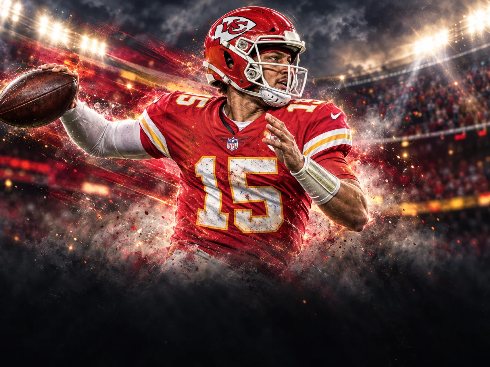 Patrick Mahomes scanning the field in his Kansas City uniform during a football game.