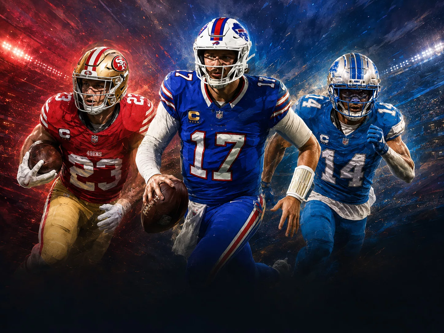 Christian McCaffrey, Josh Allen, and Amon-Ra St. Brown charging forward in a dramatic red-and-blue stadium graphic for the Pigskin AI fantasy football rankings.