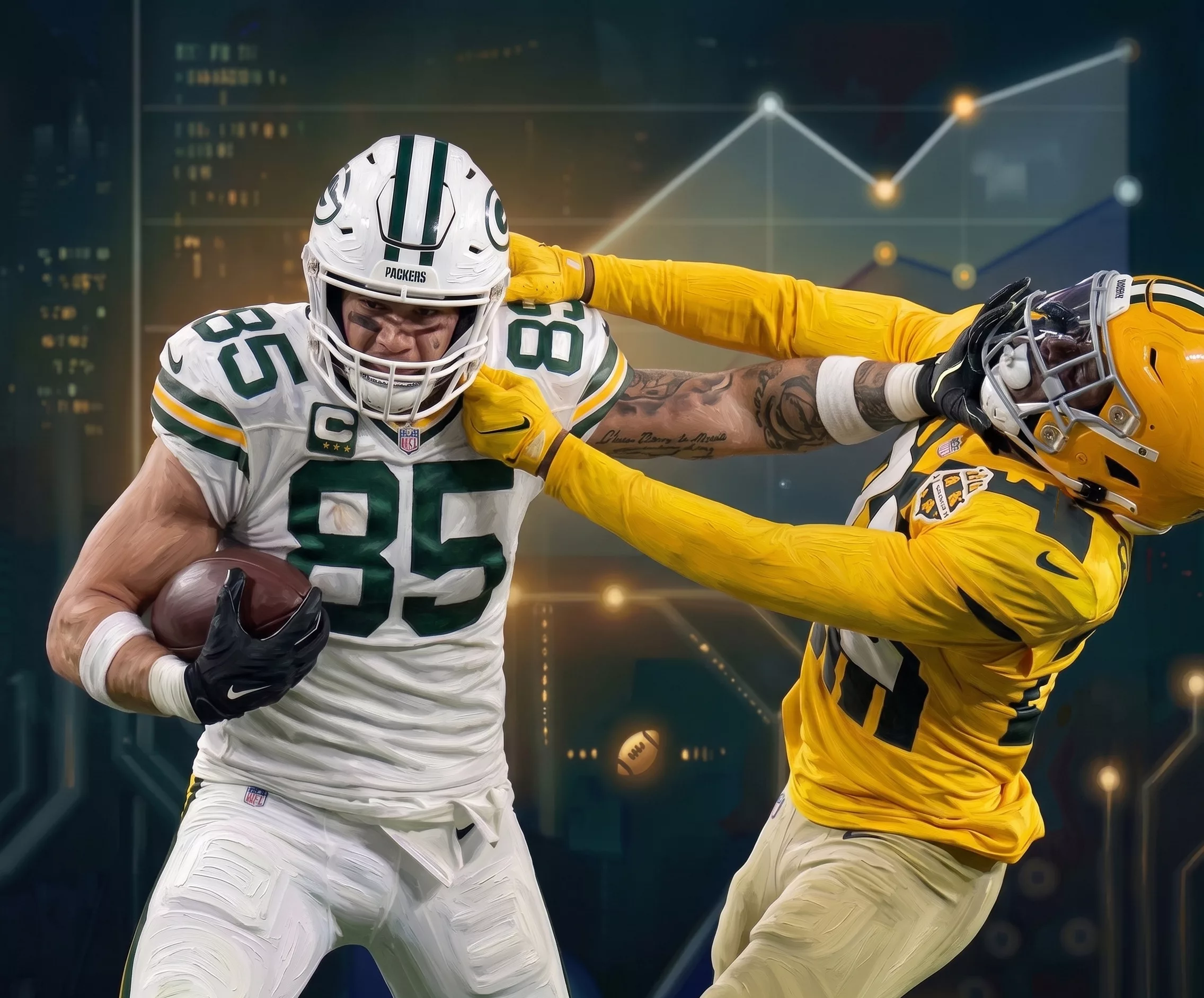 A robotic hand holding a football, symbolizing analytical fantasy football strategy.