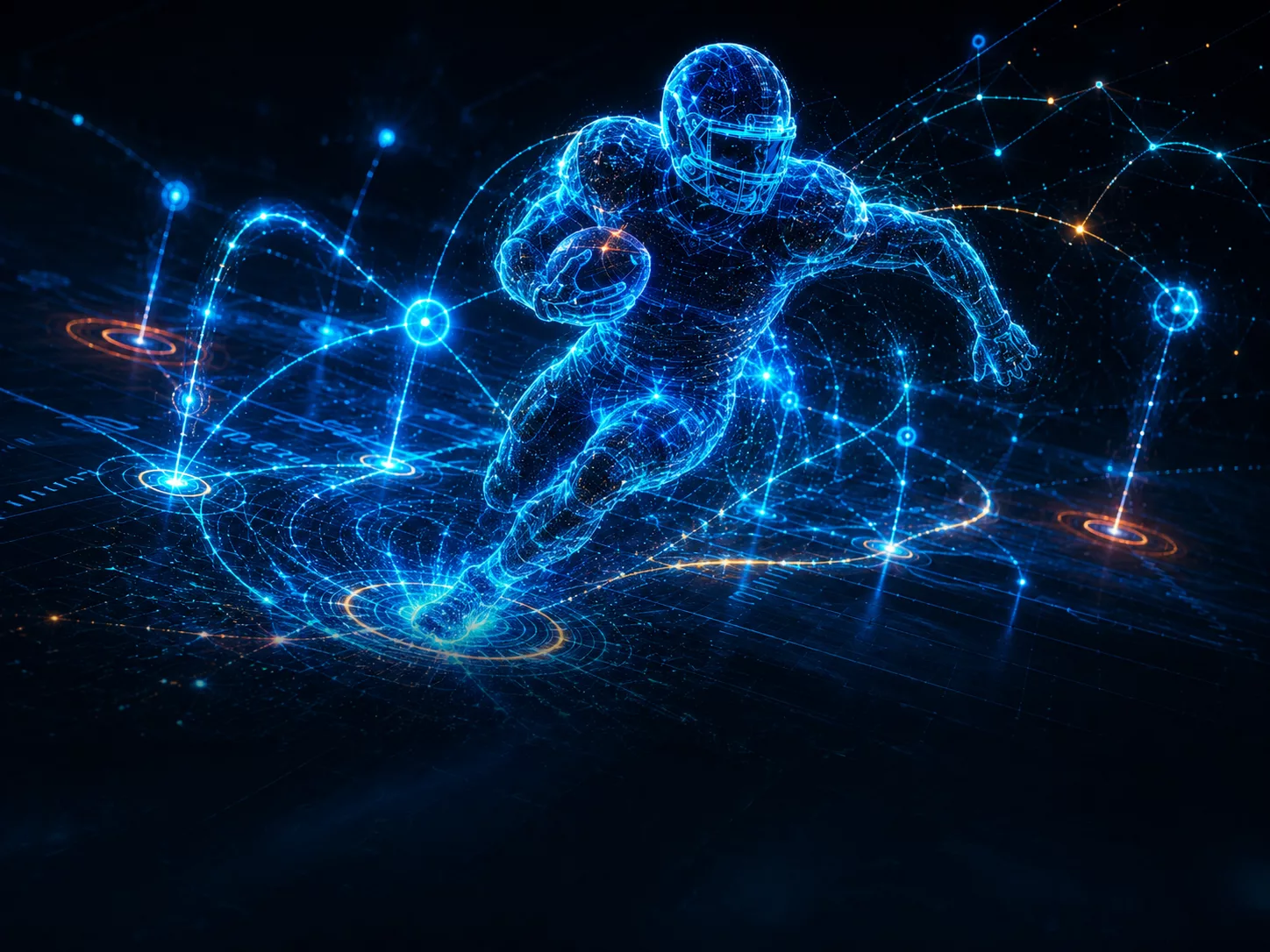 lowing digital football player running through a network of data points and route lines, representing fantasy football usage and valuable touches.