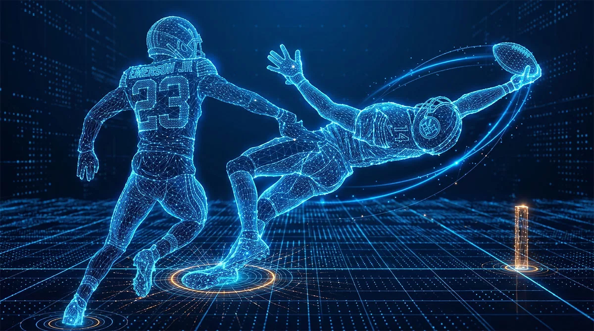 eon digital football scene showing George Pickens diving for a catch while a defender trails behind on a glowing data-grid field.