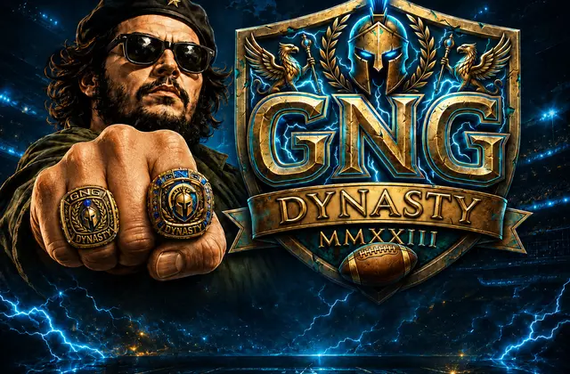 Revolutionary-style GNG Dynasty figure wearing sunglasses and championship rings beside a gold GNG Dynasty crest.