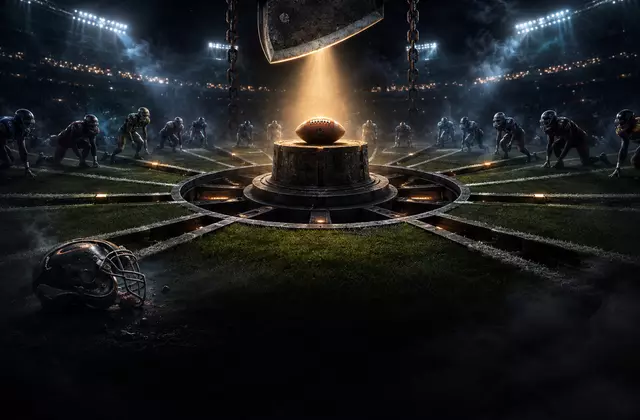 Dark fantasy football stadium scene with a giant chopping blade suspended above a football as players wait for weekly elimination.