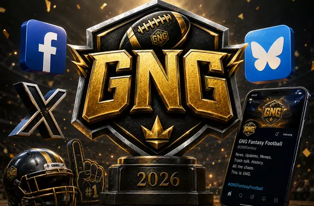 GNG Fantasy Football social media graphic featuring the GNG logo, Facebook, X, and Bluesky icons, a football helmet, and a phone showing the GNG Fantasy Football profile.