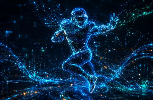 Digital fantasy football player made of glowing blue data lines running through a network of scoring and strategy signals.