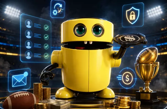 Yellow robot banker managing fantasy football league payments with money, trophy, football, and digital reminder icons in a stadium.
