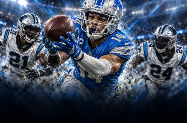 Illustration of wide receiver Amon-Ra St. Brown leaping to make a catch against defensive coverage.