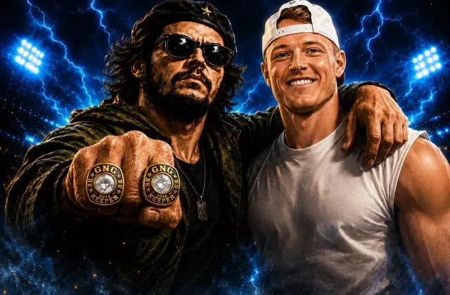 Pinko Commie Bastards mascot showing GNG Keeper championship rings beside Christian McCaffrey, the team’s 2026 GNG Keeper League keeper pick.