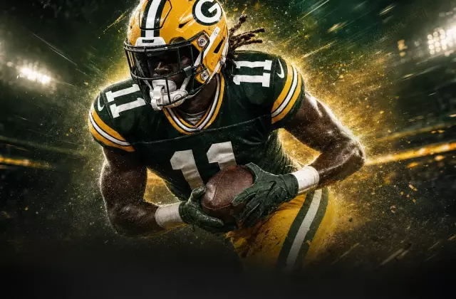 Dramatic sports illustration of Green Bay Packers wide receiver Jayden Reed breaking downfield.