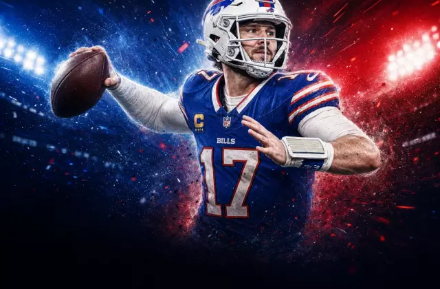 Digital illustration of Buffalo Bills quarterback Josh Allen preparing to throw a pass under stadium lights.