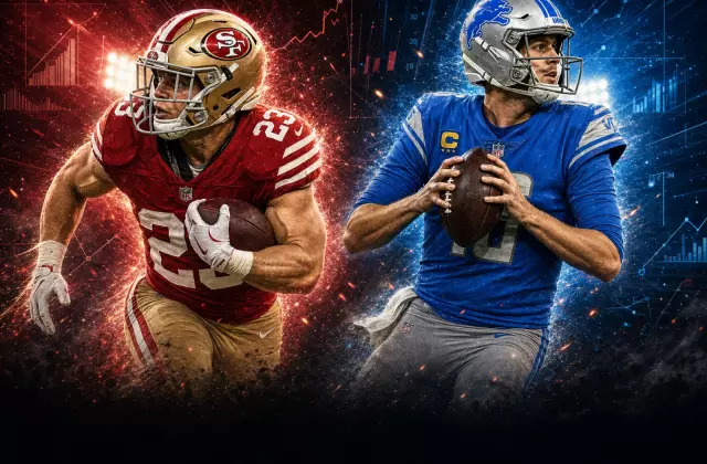 Digital sports illustration of Christian McCaffrey running with the football and Jared Goff preparing to pass, set against a dark analytical graphics background.