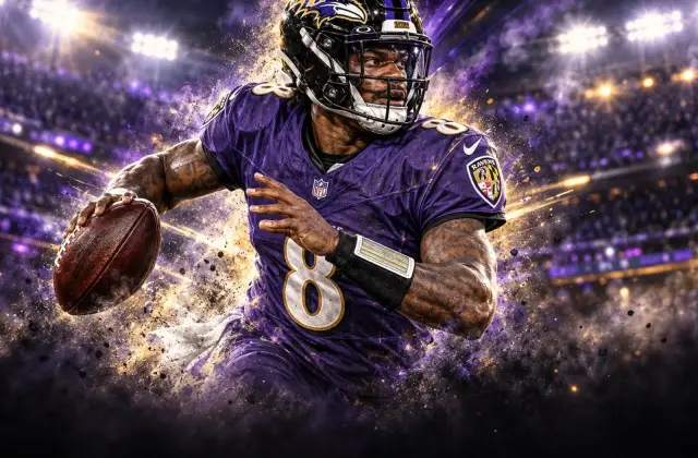 Baltimore Ravens quarterback Lamar Jackson poised in the pocket under stadium lights.