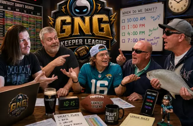 Billy W, Zach, Chuck, Pat, and Chris debating the 2026 GNG Keeper League draft start time around a chaotic fantasy football table.