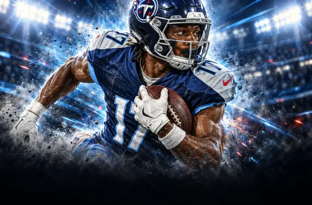 Tennessee Titans wide receiver Carnell Tate pictured under bright stadium lights ready for game action.