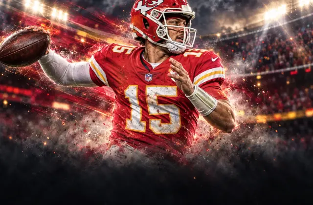 Patrick Mahomes scanning the field in his Kansas City uniform during a football game.