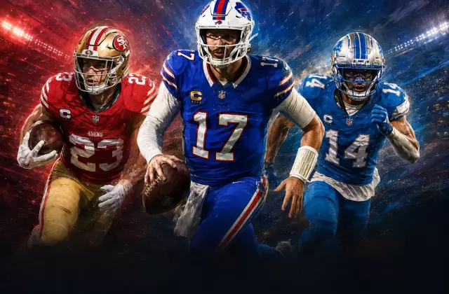 Christian McCaffrey, Josh Allen, and Amon-Ra St. Brown charging forward in a dramatic red-and-blue stadium graphic for the Pigskin AI fantasy football rankings.