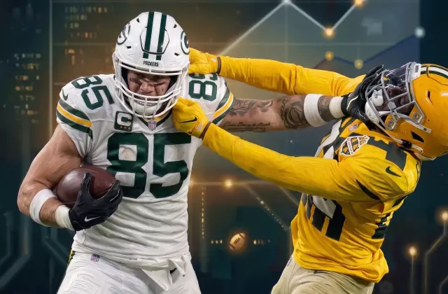 A robotic hand holding a football, symbolizing analytical fantasy football strategy.