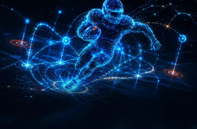 lowing digital football player running through a network of data points and route lines, representing fantasy football usage and valuable touches.