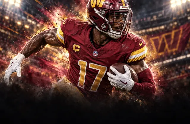 Stylized sports illustration of Washington wide receiver Terry McLaurin standing on the sideline.
