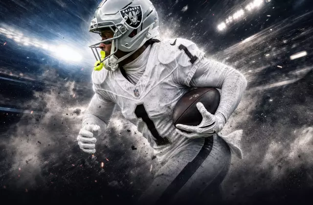 Graphic illustration of Las Vegas Raiders receiver Tre Tucker running a route under stadium lights.