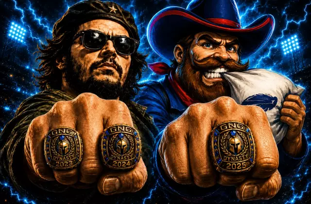 Pinko Commie Bastards (Shartnado) and Big Tex's Pillow Biters mascots showing GNG Dynasty championship rings from 2023, 2024, and 2025.