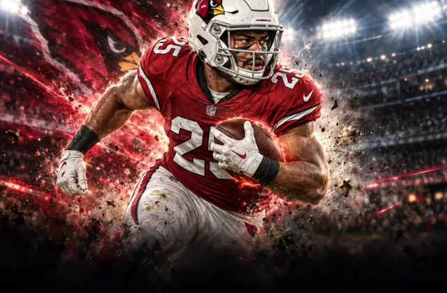 Arizona Cardinals running back Tyler Allgeier in uniform against a dark stadium backdrop.