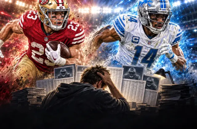 Sports illustration featuring football stars on the field while a manager analyzes stat sheets.
