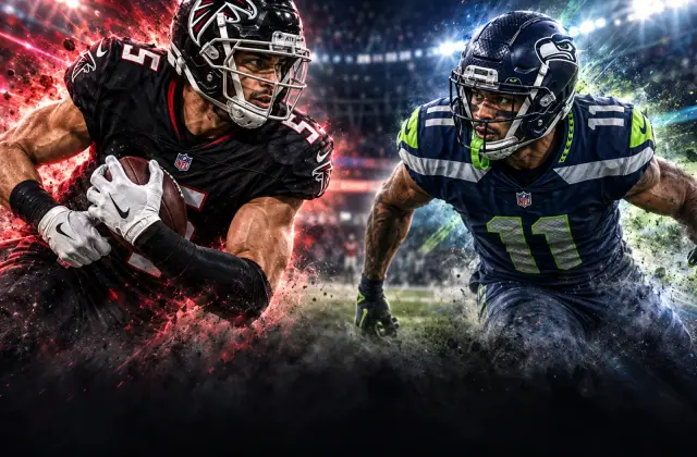 Illustration of Drake London and Jaxon Smith-Njigba standing on a football field in their team uniforms.